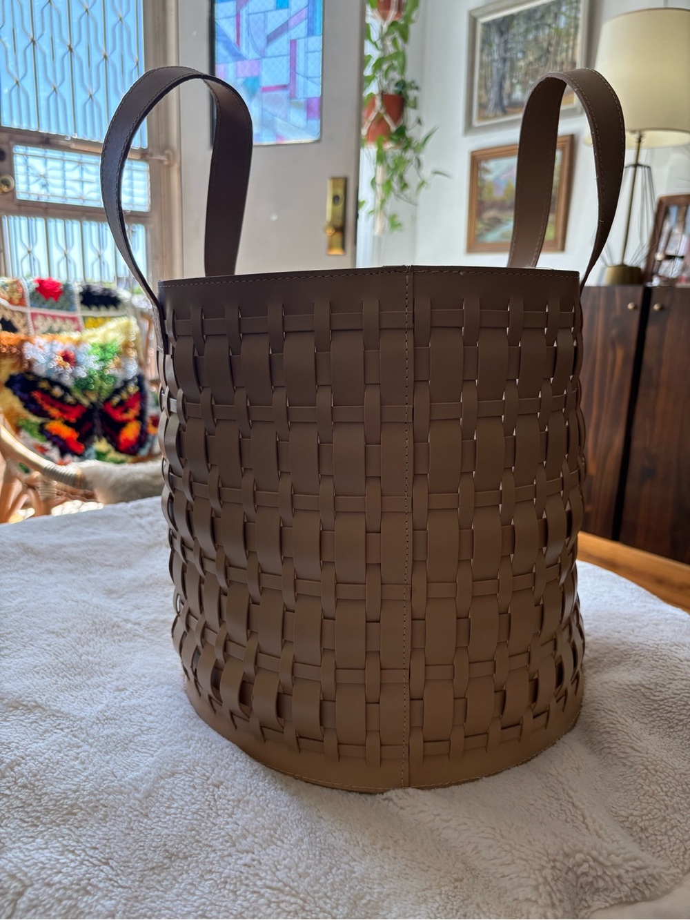 West Elm Leather Woven Basket with Handles - Light Beige, Tab